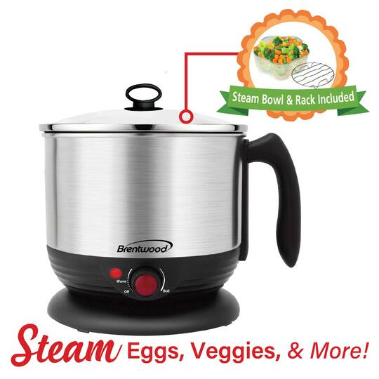 Brentwood Black 1.3qt. 600 Watt Stainless Steel Cordless Electric Hot Pot Cooker & Food Steamer With Swivel Base